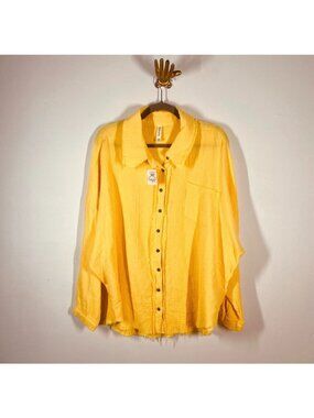 Zenana Womens 3X Raw Edge Button-Up Shirt In Yellow Lightweight Textured Cotton